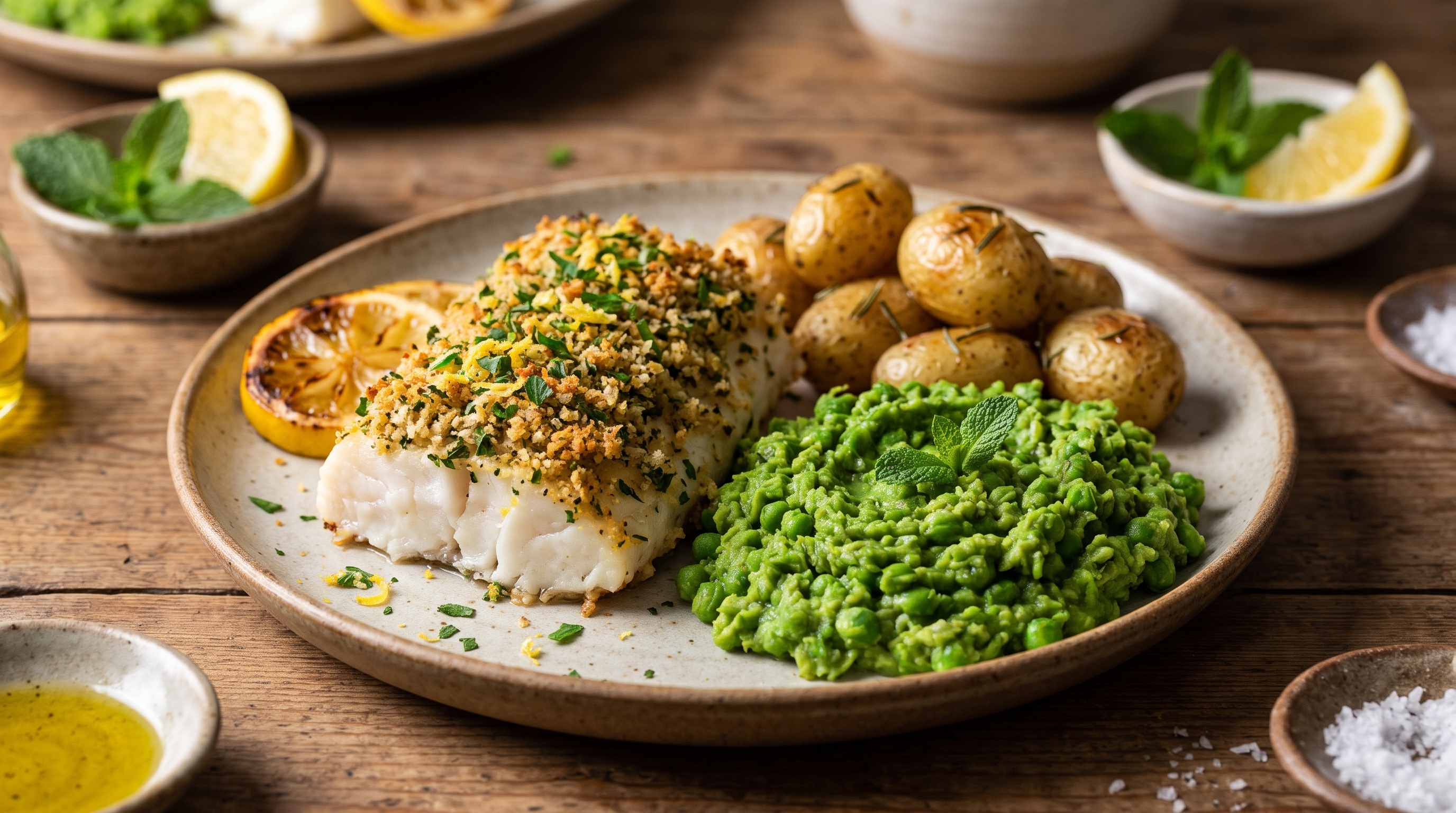 Crispy Herb‑Crusted Cod with Mint‑Infused Pea Purée